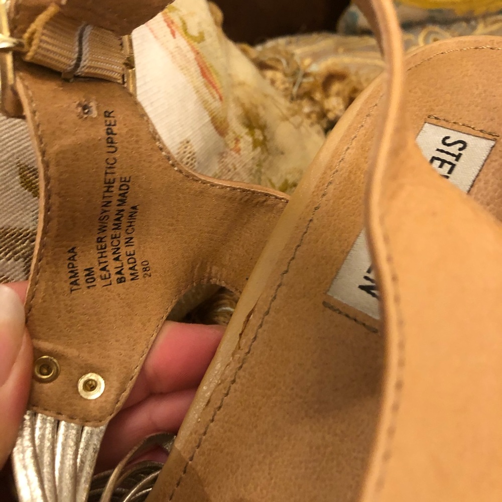 Silver and tan leather sandals high wedge - Picture 3 of 3